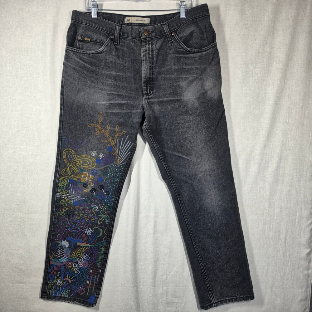 Lee Regular Fit Jeans Mens 38x3 Maximalist Embroidered Abstract Art Denim Boho